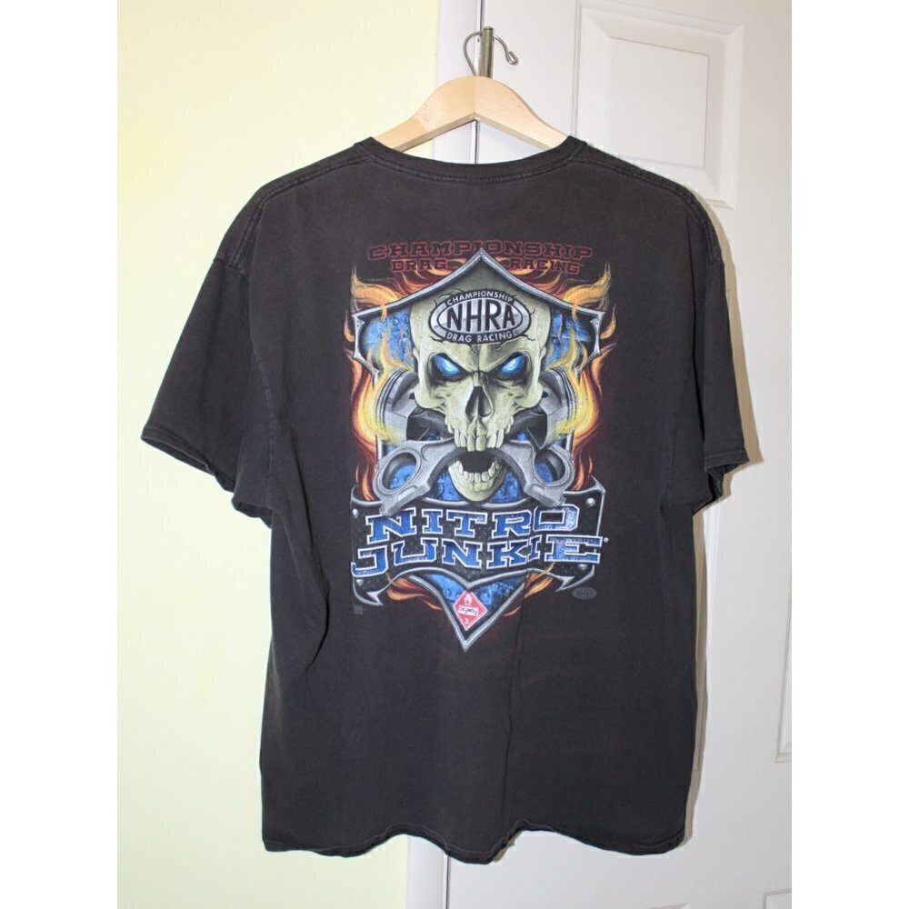 Vtg Nitro Junkie skull graphic black tee championship Drag Racing death Size 2XL